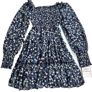 Rare Editions Blue Floral Big Girls Long Sleeve Printed Foil Chiffon Dress S 7